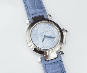 Pasha de Cartier Ladies Watch 18k Gold Blue Diamond Dial 2318 33mm Strap W527