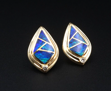 14k Blue Opal Diamond Inlay Earrings Studs Yellow Gold 3/4" Vintage EG2421