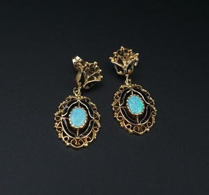 14k Yellow Gold Natural Opal Black Enamel Earrings Dangle 1.5" Vintage EG2434