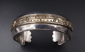 Navajo James Pioche Sterling Silver 14k Gold Pueblo Scene Cuff Bracelet BS1789