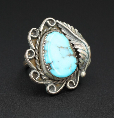 Vintage Navajo Turquoise Ring Sterling Silver Size 7.5 Signed JW RS3318