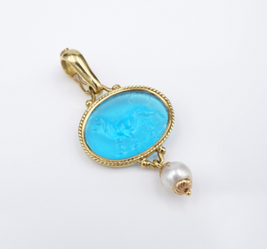 18K Gold Pearl Blue Venetian Glass Intaglio Lion Enhancer Pendant 1.8" PG1785