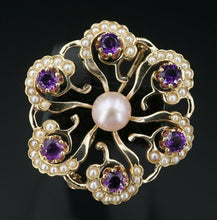 Vtg 14k Yellow Gold Amethyst Seed Pearl Sunburst Scroll Pin Brooch 1.4" OG334