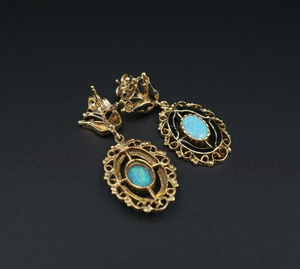 14k Yellow Gold Natural Opal Black Enamel Earrings Dangle 1.5" Vintage EG2434