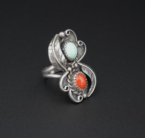 Navajo Sterling Silver Ring Turquoise Coral Signed HS Size 7 RS3303