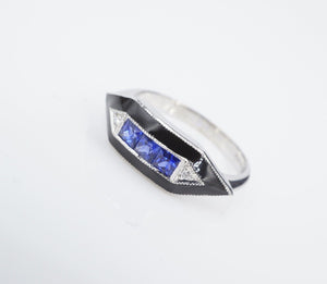 14k Gold Sapphire Diamond Black Enamel Cocktail Ring Size 7 Trendy RG4060