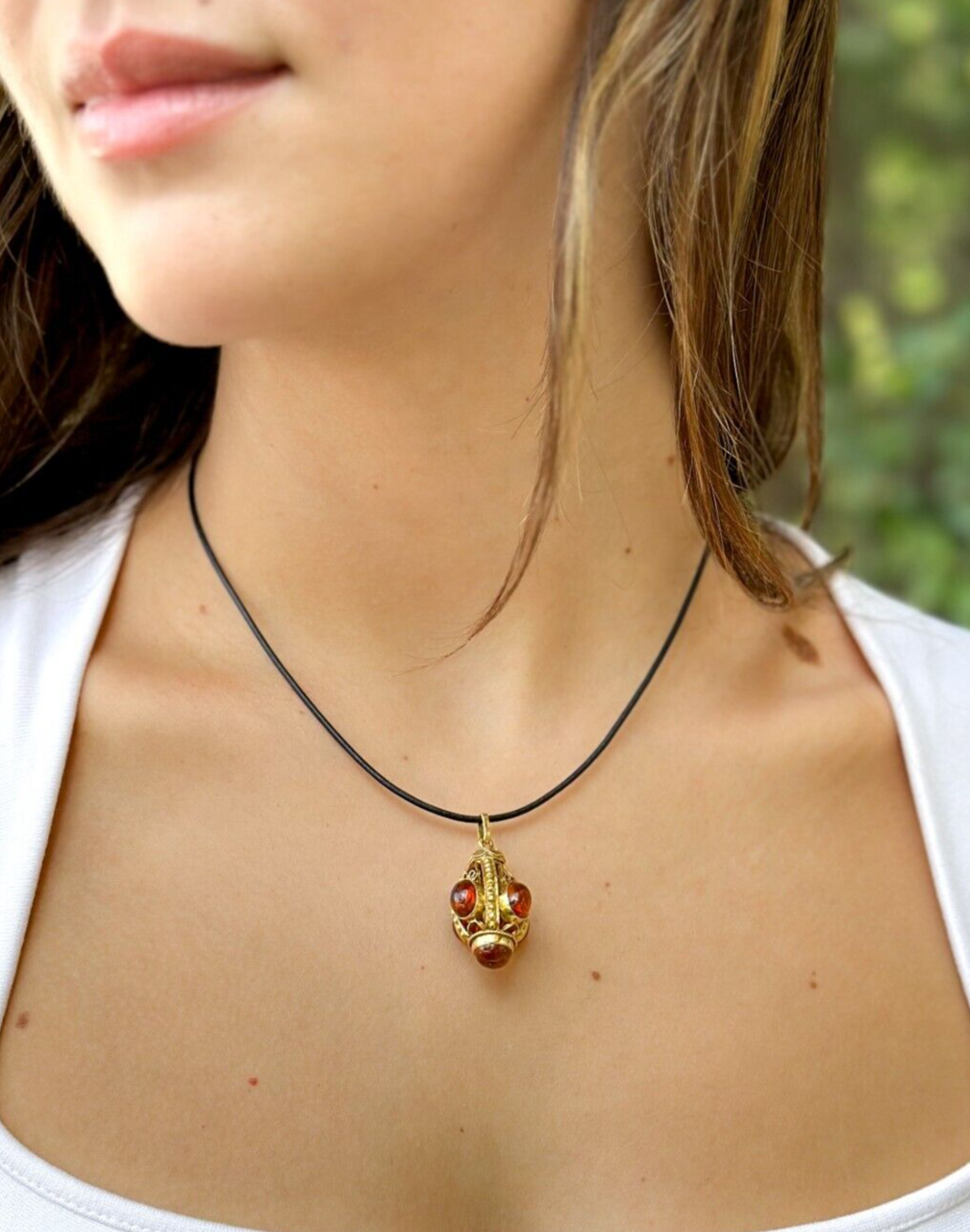 Antique 18K Gold Amber Cabochon Openwork Cage Fob Pendant 1.3