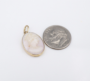 Vintage 14k Yellow Gold Carved Shell Pink Cameo Pendant 0.9" Free Ship PG1767