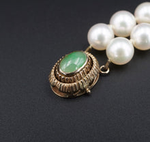 Vintage 14K Gold Double Strand Pearl Jade Cabochon Clasp Bracelet 8" 7mm BG796