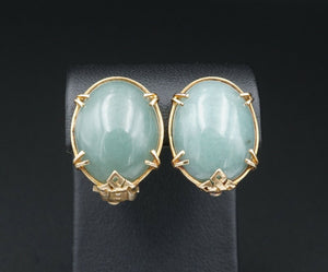 Mings Vintage 14k Yellow Gold Green Nephrite Jade Earrings Clip-on 3/4" EG1883