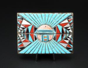 Vintage Zuni Belt Buckle Turquoise Cobble Inlay Sterling Silver Coral M1788