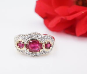 14k Yellow Gold 2ct Three Stone Oval Ruby Diamond Ring Size 8 RG4163