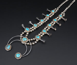 Navajo Sterling Silver Blue Turquoise Squash Blossom Necklace 24" Signed NS2050