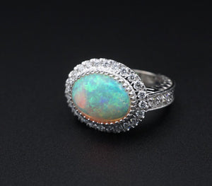 NWT 14k White Gold 3.6ct Diamond Halo Opal Cabochon Cocktail Ring Size 7 CO904