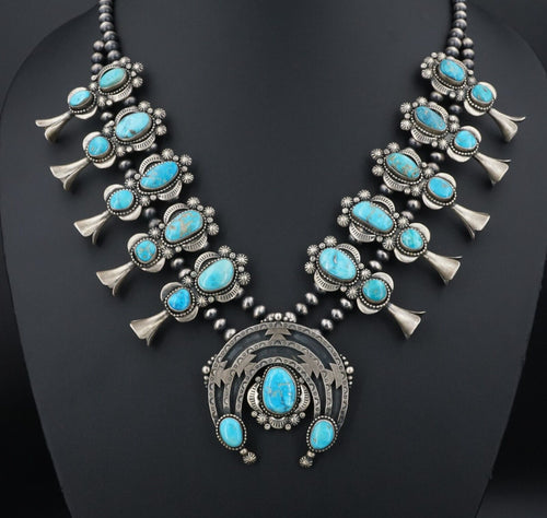 Navajo Sterling Silver Blue Turquoise Squash Blossom Necklace & Earrings NS2048