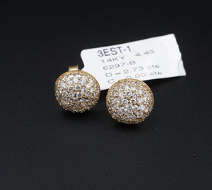 NWT 14k Yellow Gold 2.7ctw Natural Pave Diamond Dome Stud Earrings 13mm CO886