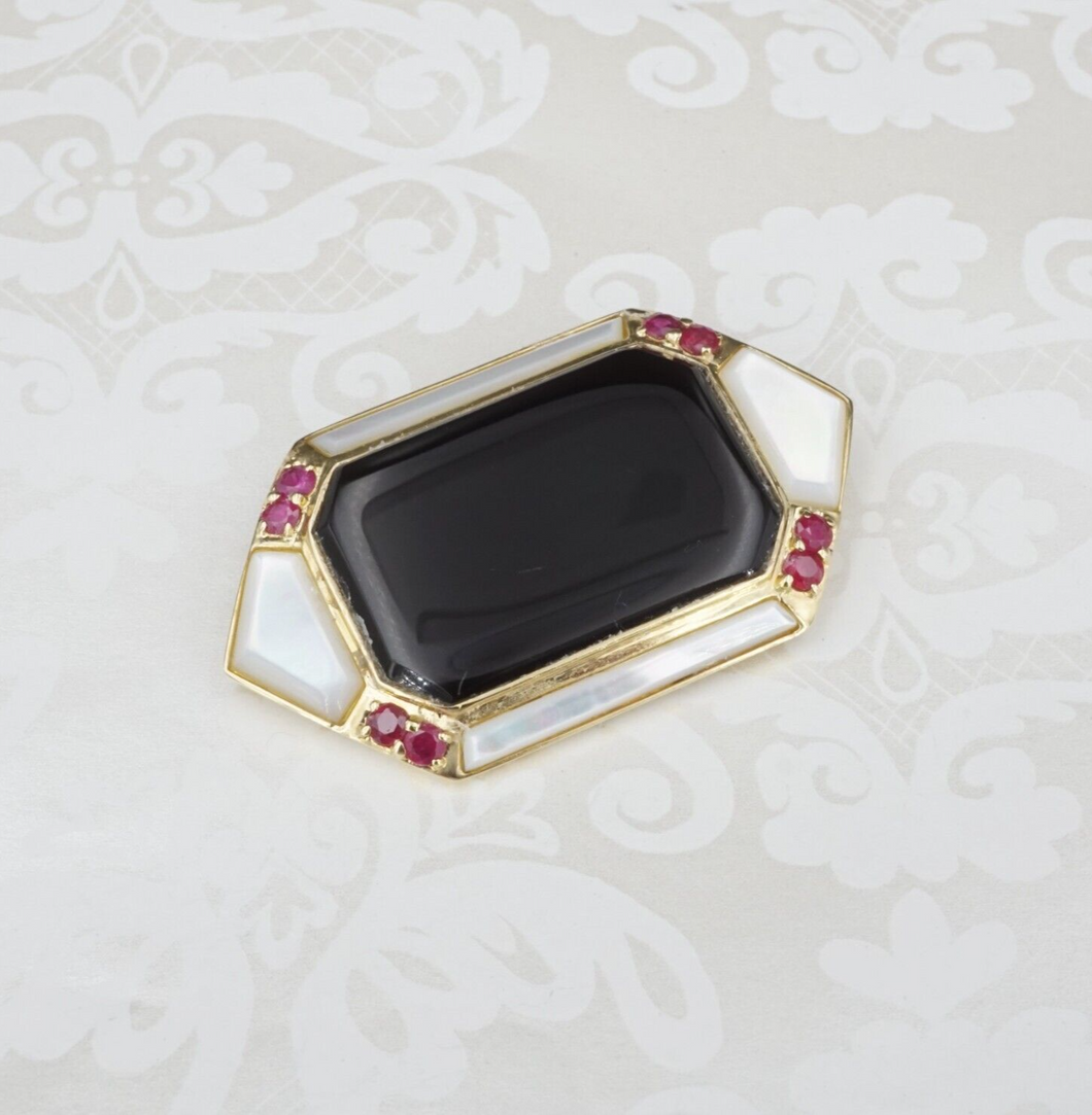 Vintage 14k Yellow Gold Onyx Slab Mother of Pearl Ruby Brooch Pin 1.7