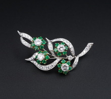 Vintage Platinum Emerald Diamond Brooch 14k 18k Gold 3.3 ctw Leaf 1.9" OG487