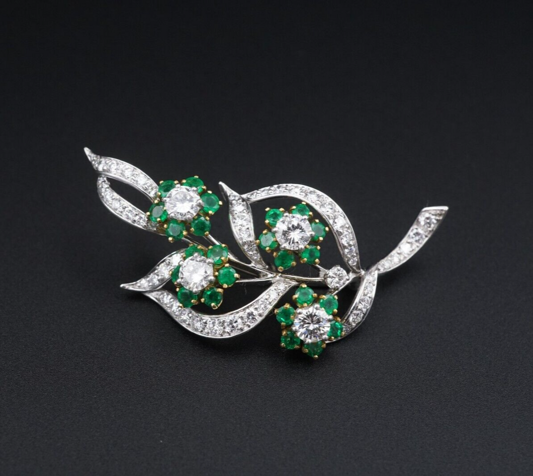 Vintage Platinum Emerald Diamond Brooch 14k 18k Gold 3.3 ctw Leaf 1.9