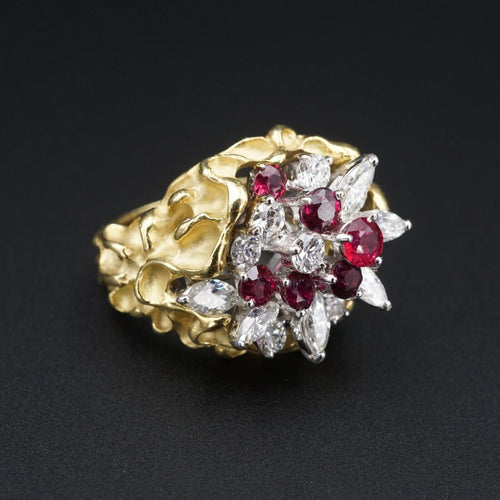 Vintage 18k Gold Diamond Ruby Ring 3ctw Cocktail Statement Guard Sz 5.75 RG3988