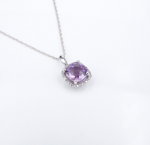 14k Amethyst Diamond Halo Necklace White Gold Pendan Cushion 18" NG1553