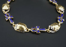 Vintage 2-Tone 18k Gold Lapis Inlay Scarab Ankh Bracelet 7.75" BG511