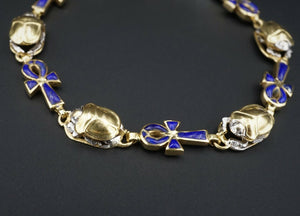 Vintage 2-Tone 18k Gold Lapis Inlay Scarab Ankh Bracelet 7.75" BG511