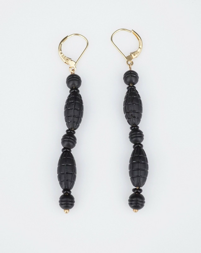 Antique 14k Gold Carved Black Jet Bead Drop Dangle Earrings 2.7