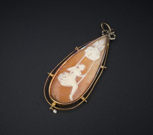 Vintage 18k Yellow Gold Teardrop Carved Shell Cameo Pendant 2.4" PG1701