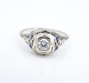 Vintage Diamond Sapphire Engagement Ring 1930s White Gold Size 8.75 RG4160