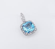 14k White Gold Blue Topaz Pendant White Sapphire Halo Charm 7/8" PG1918