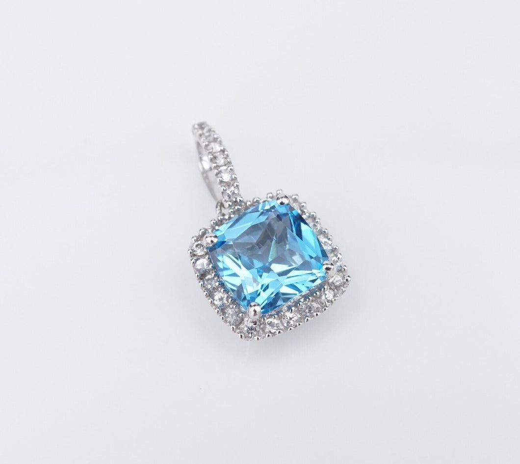 14k White Gold Blue Topaz Pendant White Sapphire Halo Charm 7/8