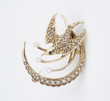 Antique 10k Brooch Victorian Seed Pearl Swallow Crescent Yellow Gold 1" OG482