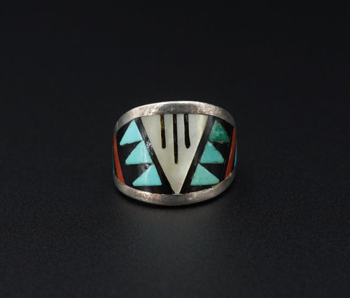 Zuni Inlay Multi-Gemstone Sterling Silver Turquoise Ring Sz 3 D&V Eriacho RS3595