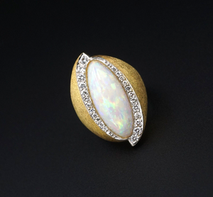 Opal Diamond Ring Abstract Modernist 18k Yellow Gold Size 6 RG3684