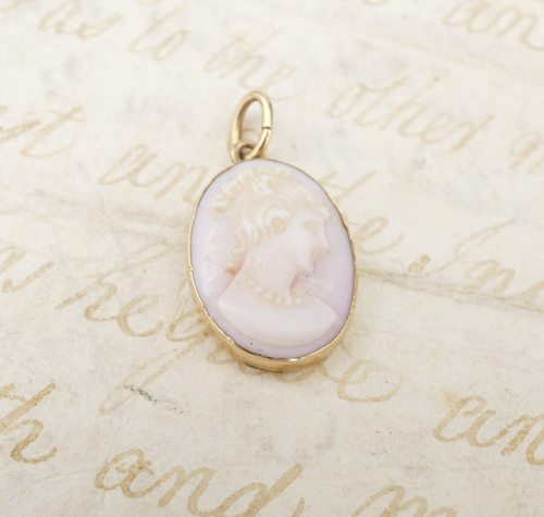 Vintage 14k Yellow Gold Carved Shell Pink Cameo Pendant 0.9