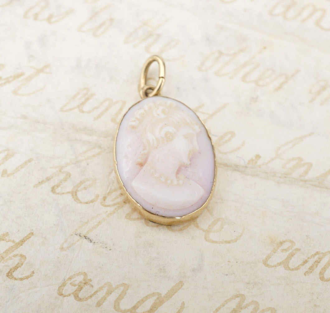 Vintage 14k Yellow Gold Carved Shell Pink Cameo Pendant 0.9