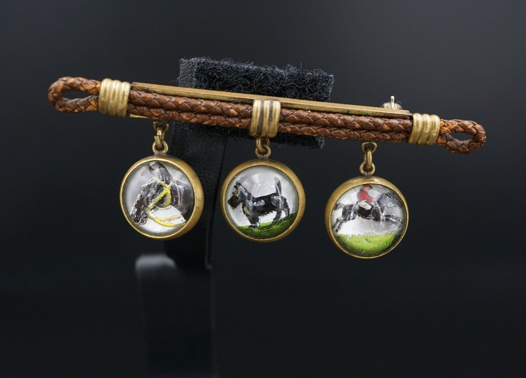 Antique Brass Reverse Painted Essex Crystal Equestrian Brooch 1