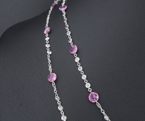 18k Dancing Diamond Station Necklace Pink Sapphire White Gold 36" NG1029