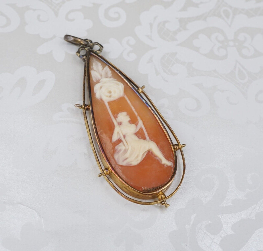 Vintage 18k Yellow Gold Teardrop Carved Shell Cameo Pendant 2.4
