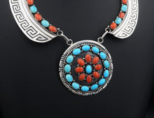 E. Etsitty Navajo Sterling Silver Coral Turquoise Wing Bib Necklace 21" NS2062