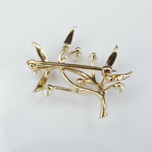 Vintage 1940s Fisher & Co 14k Gold Pearl Olive Leaf Branch Brooch Pin 1.2" OG359