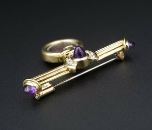 Ancient Coin 18k Yellow Gold Natural Diamond Amethyst Bar Pin Brooch OG357
