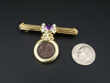 Ancient Coin 18k Yellow Gold Natural Diamond Amethyst Bar Pin Brooch OG357