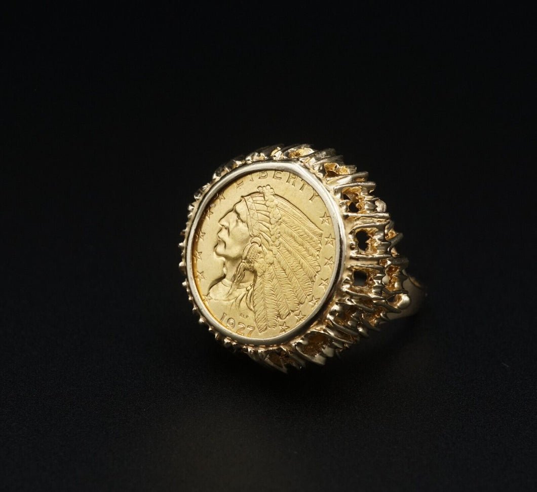 Vintage 14k 1927 $2.5 Indian Head Gold Coin Signet Ring Size 8 Artisan RG4291