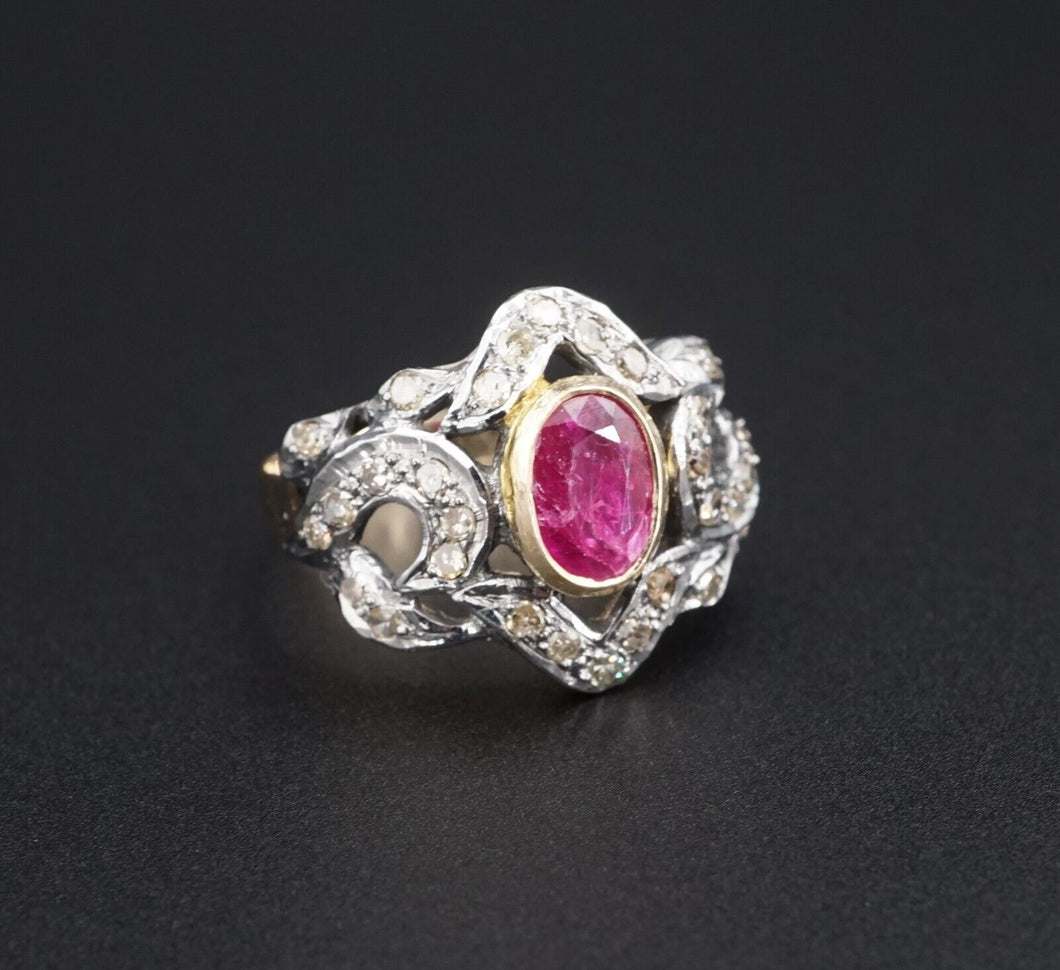 NWOT Sterling Silver 14k Gold Ruby Diamond Cocktail Ring Size 6.5 RS3263