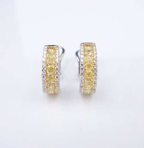 Yellow Diamond Huggie Hoop Earrings 18k White Gold 2.75 ctw 0.68