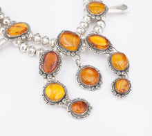 Vintage Navajo Squash Blossom Necklace Amber Sterling Silver 26" NS2163