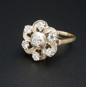 Vintage 14K Yellow Gold 1/2ct Diamond Cluster Flower Ribbon Ring Size 7.5 RG3559