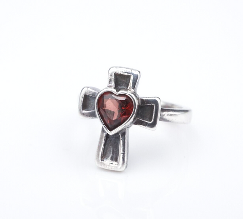 James Avery Red Garnet Heart Cross Birthstone Ring Sterling Silver Size 5 RS3493